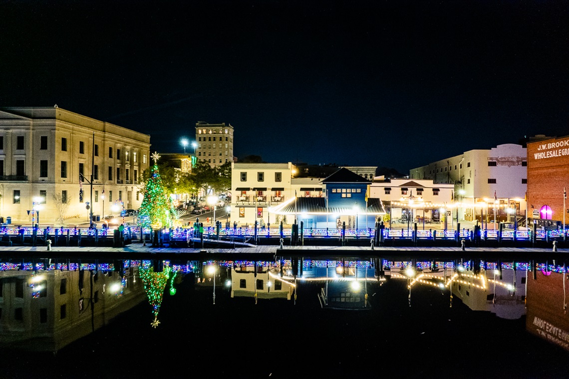Holiday lights are shining brightly along the Riverwalk in downtown Wilmington