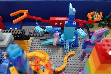 a colorful display of Legos shaped like beach animals
