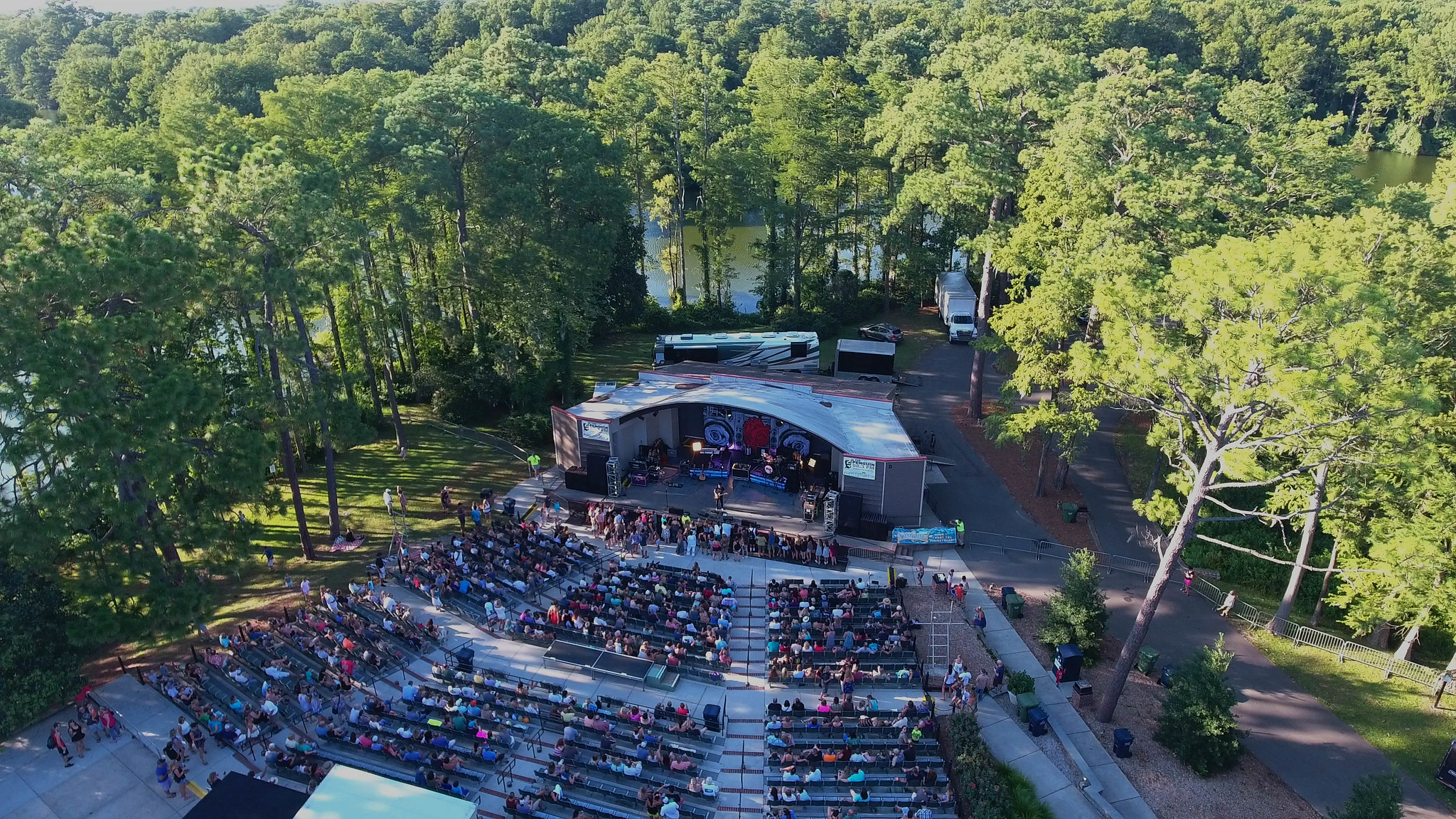 An aerial view of the Greenfield Lake Ampitheater