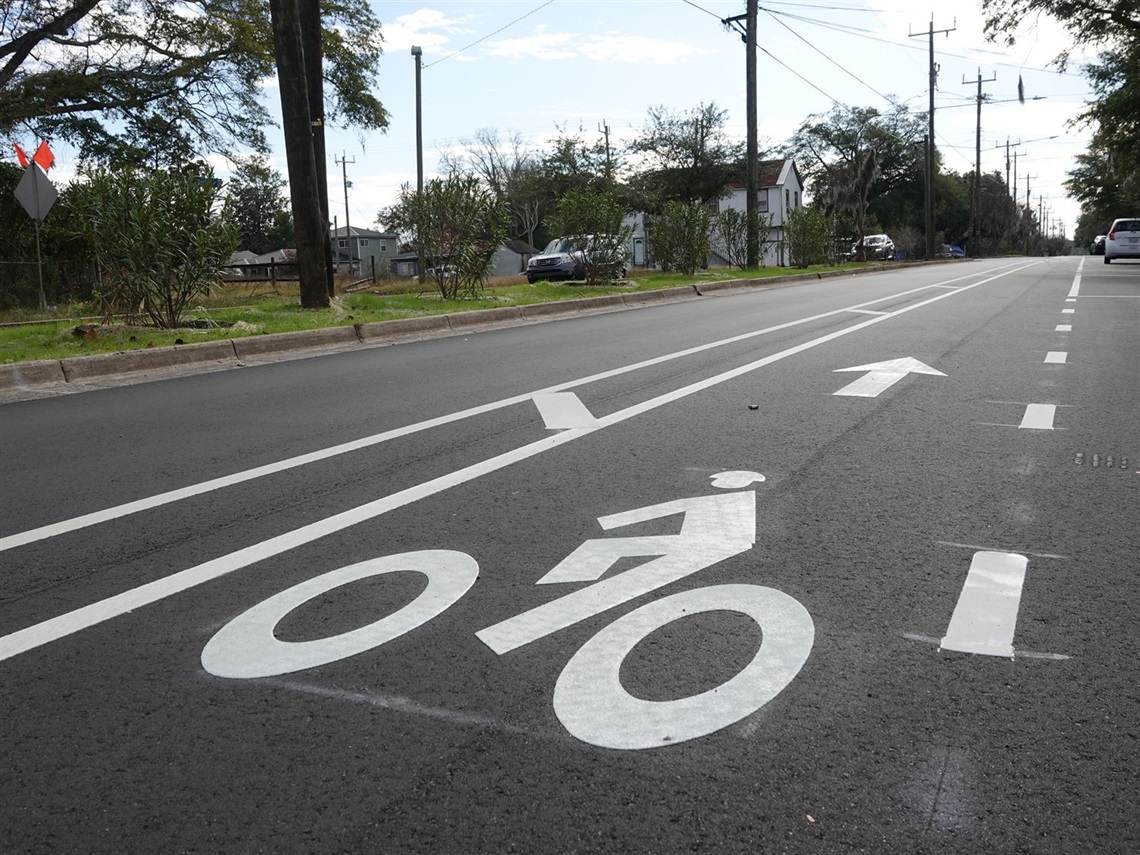 A newly finished bicycle lane along the improved Fifth Avenue in downtown Wilmington