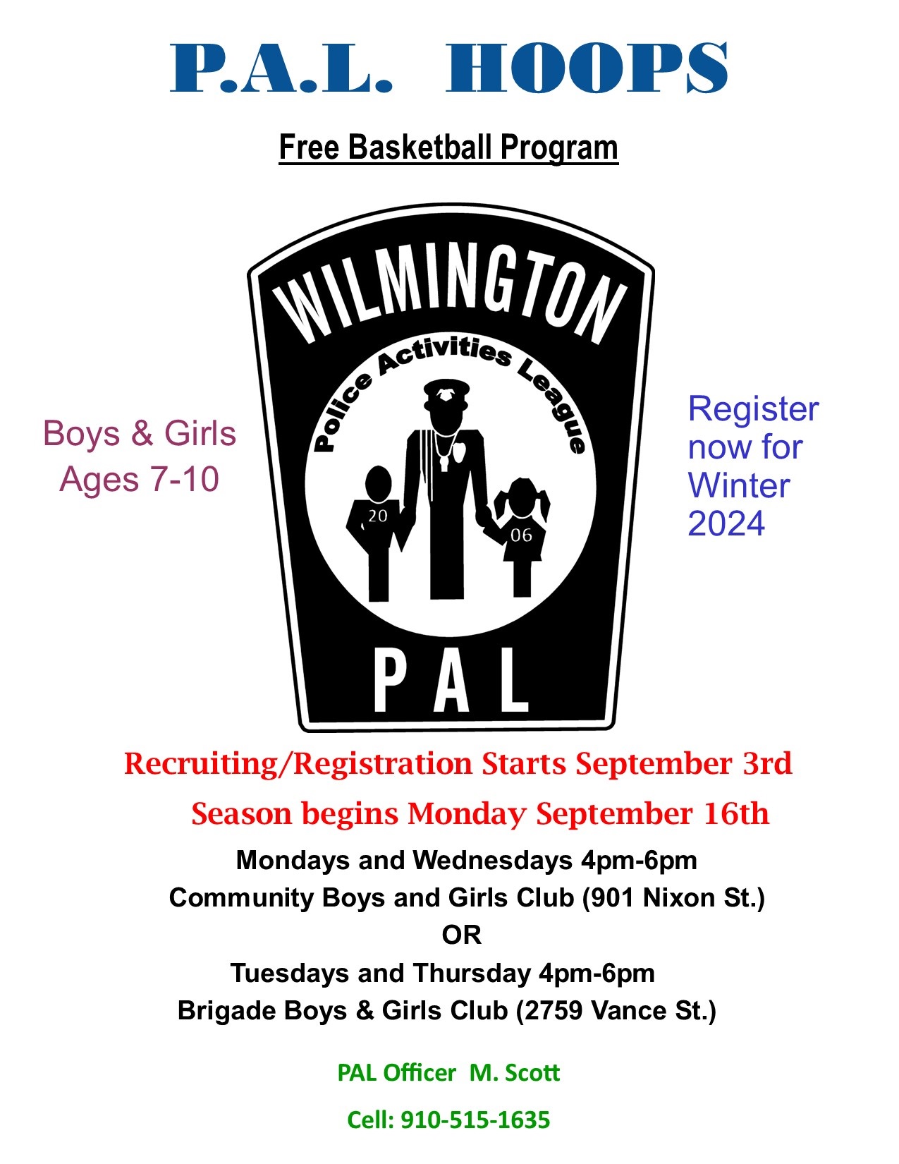 Flier for the PAL Hoops program